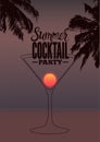 Summer Cocktail Party typographical vintage style grunge poster design with sea sunset landscape, palm trees and cocktail glass. R Royalty Free Stock Photo